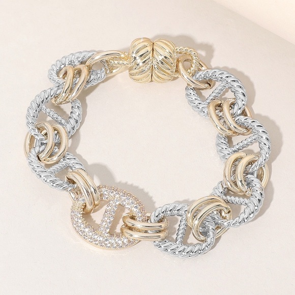 14K GP Pave Link Mariners Bracelet Magnetic Closure - Picture 5 of 6